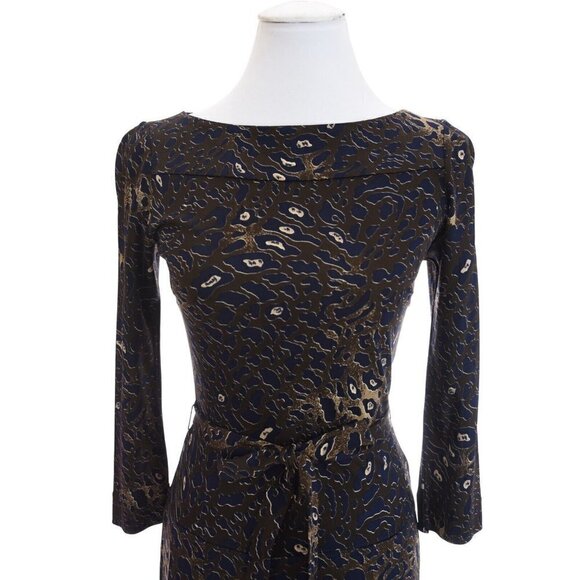 Tory Burch Sz XS Belted Shift Dress Pleated Drop Waist Slinky Brown Blue Stretch - Picture 4 of 12